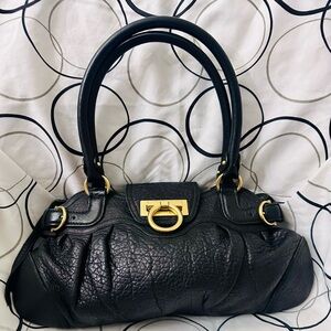 Salvatore Ferragamo Black Leather Shoulder Bag with Gold Accents